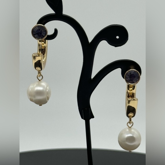 INC Gold Tone Open Hoop with Dangling Faux Pearl Purple Crystal Post Earrings - Picture 4 of 13